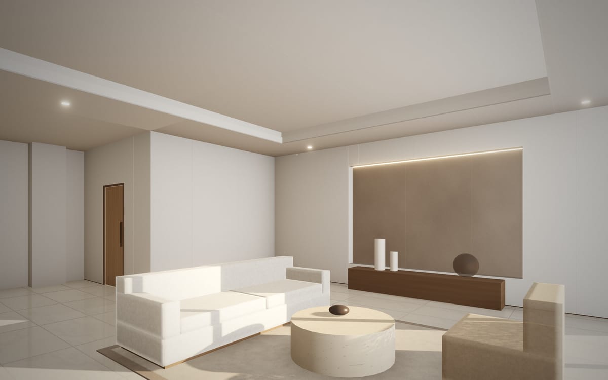 Concept visualisation of a finished interior with a lit niche and coffer ceiling