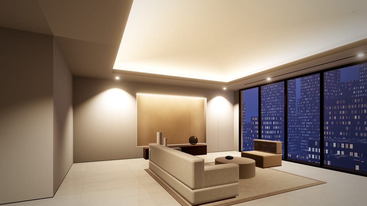 Concept visualisation of a living room with a lit gypsum coffer ceiling at dusk