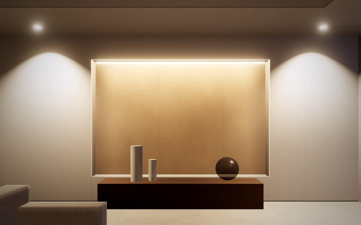Concept visualisation of a lit gypsum wall niche with a lime-plaster finish