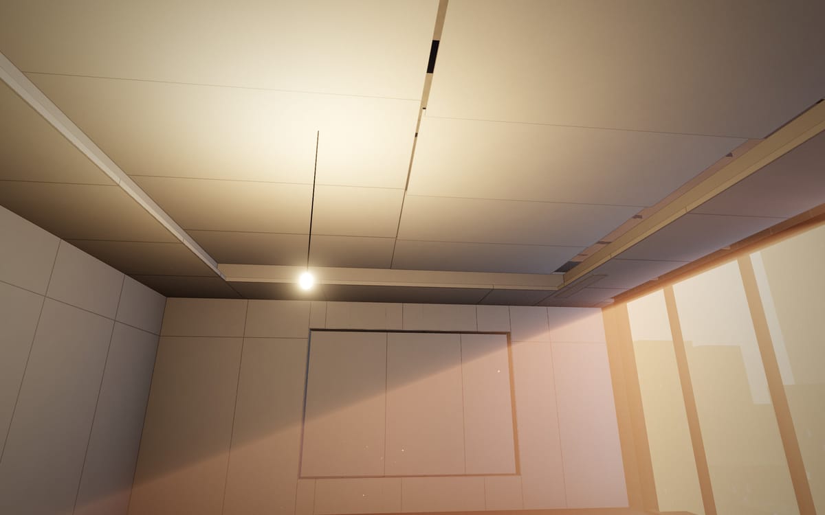 Concept visualisation of a suspended ceiling grid with gypsum boards being fixed below the slab