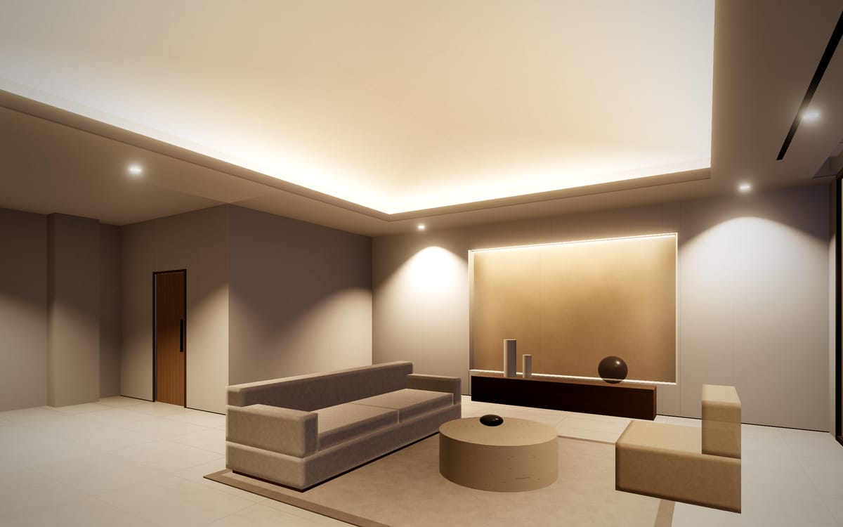 Concept visualisation of a completed interior fit-out with coffer ceiling, feature niche and city view