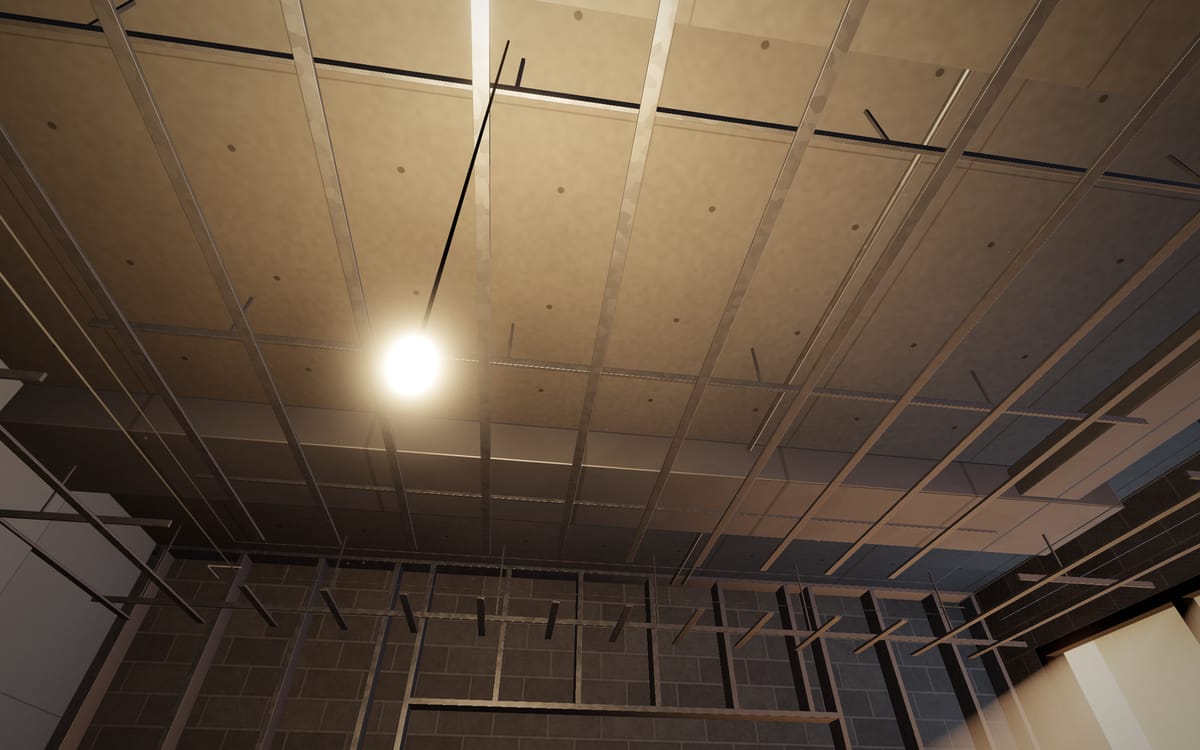 Concept visualisation of the services above a ceiling: ducts, pipework and suspension framing
