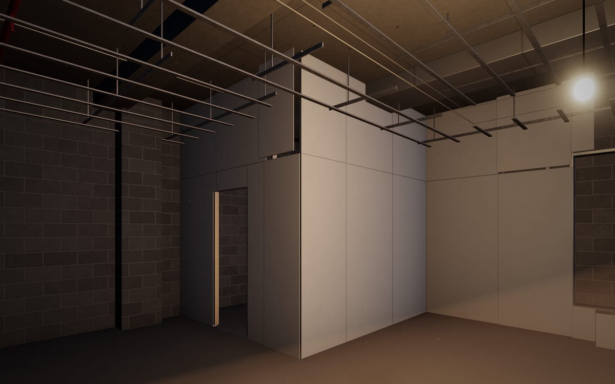 Concept visualisation of gypsum boards being fixed to a new metal stud partition