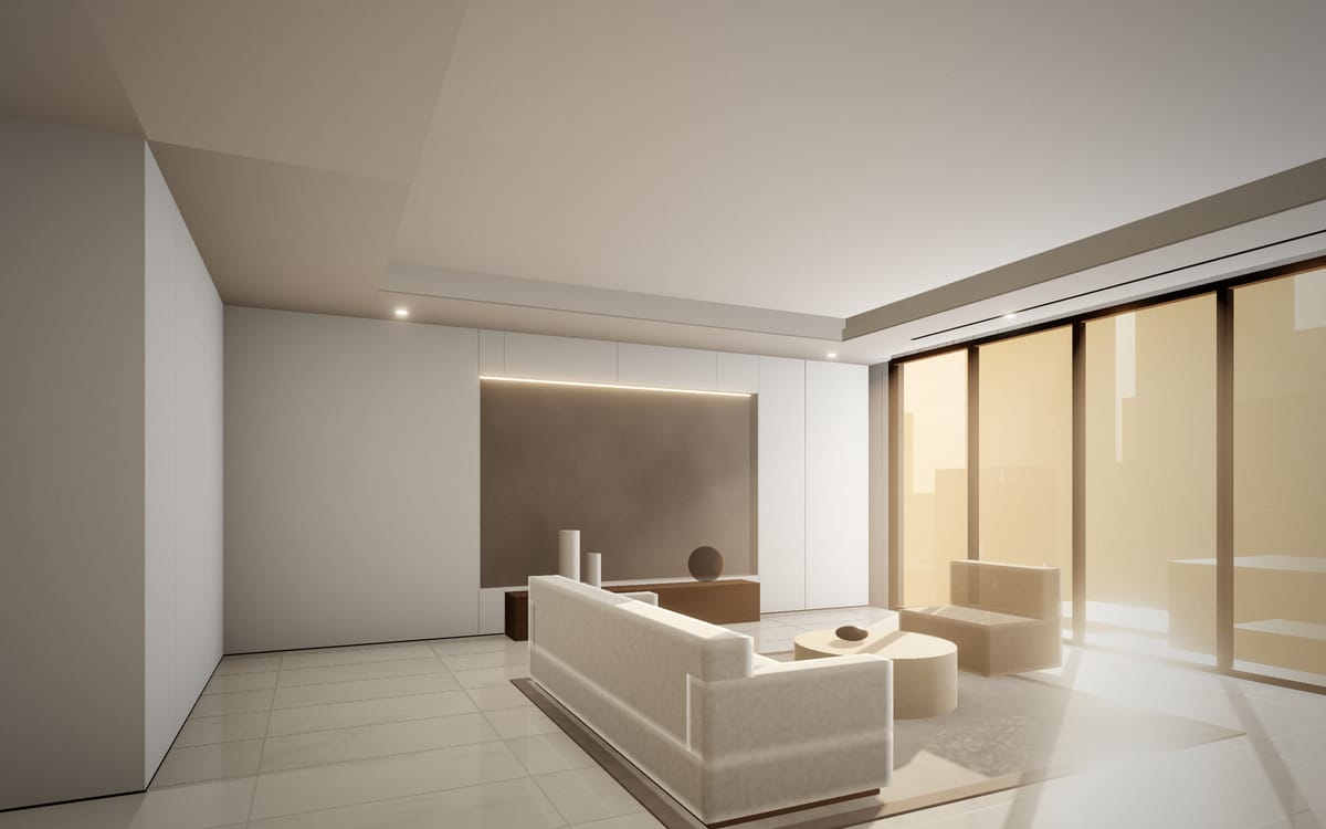 Concept visualisation of a renovated living room in daylight with new ceiling and finishes